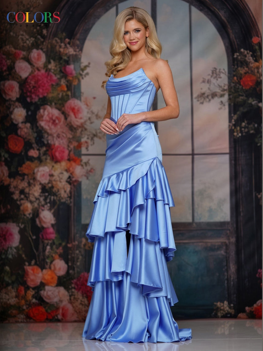SATIN CORSET WITH SOFT DRAPED CAT EYE NECKLINE STRUCTURED BODICE WITH BONING + LACE-UP BACK RUFFLES WITH SLIT BY COLORS DRESS 3823
