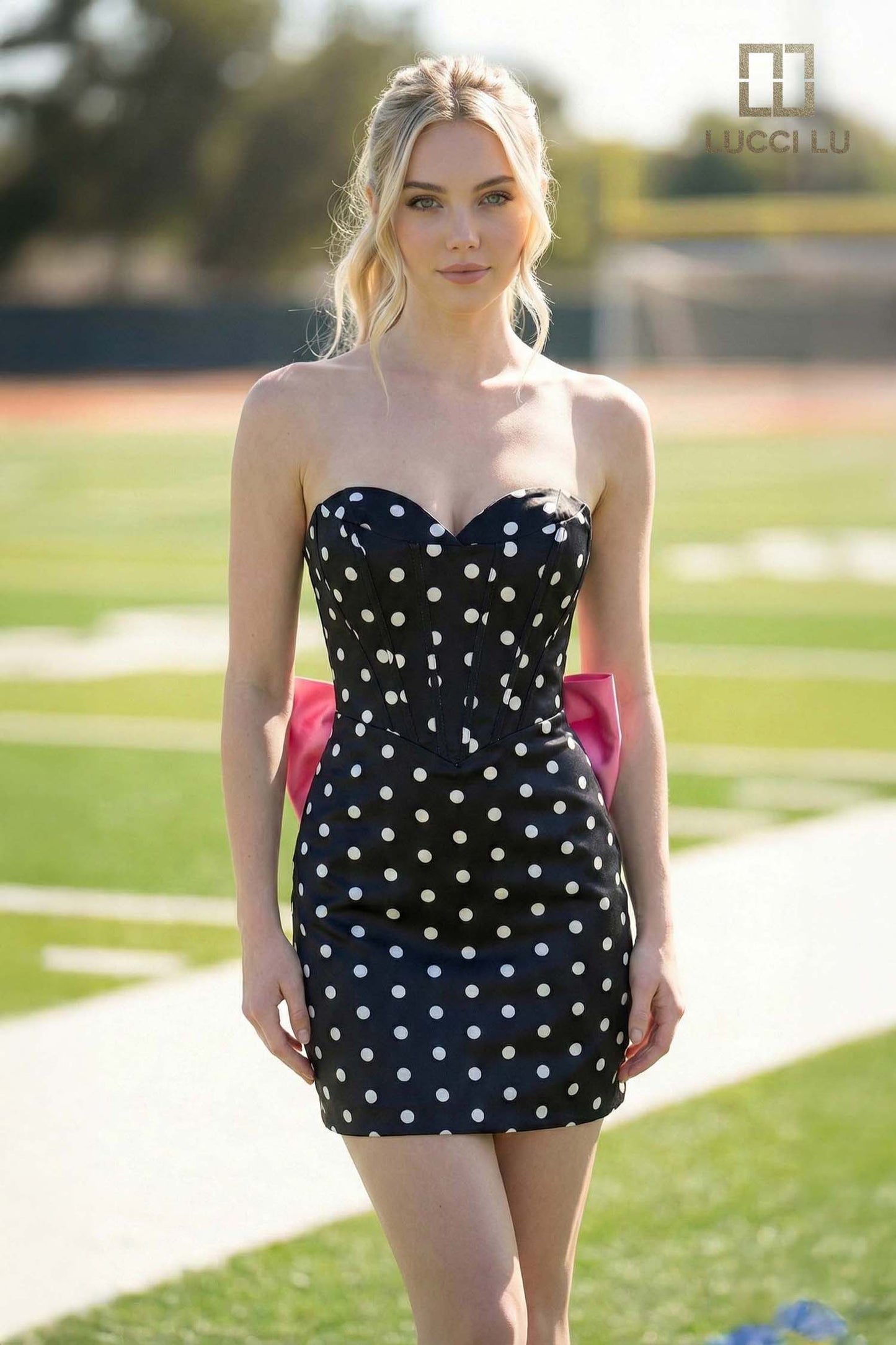 LUCCI LU 4254 FITTED SHORT HOCO FORMAL DRESS BLACK & WHITE POLKA DOT WITH DETACHABLE PINK BOW STRUCTURED CORSET WITH SWEETHEART NECKLINE LACE-UP BACK BASQUE WAIST