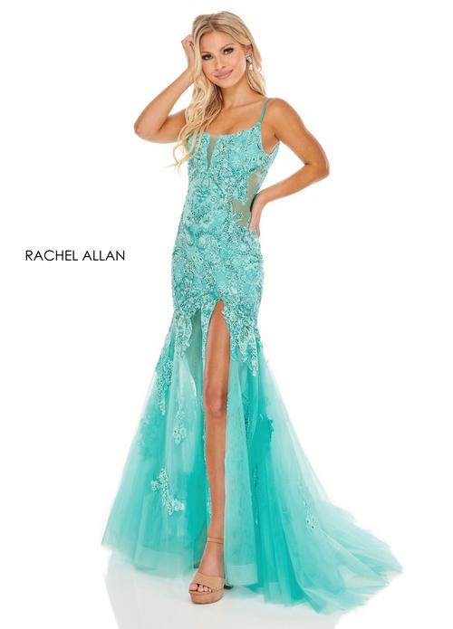 LACE & TULLE APPLIQUE TRUMPET DRESS V-BACK WITH HIGH SLIT + SWEEPING TRAIN BY RACHEL ALLAN 70275
