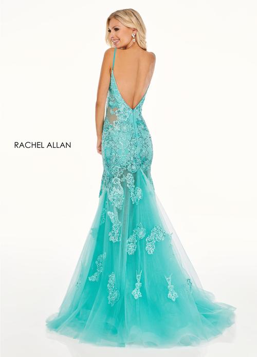 LACE & TULLE APPLIQUE TRUMPET DRESS V-BACK WITH HIGH SLIT + SWEEPING TRAIN BY RACHEL ALLAN 70275