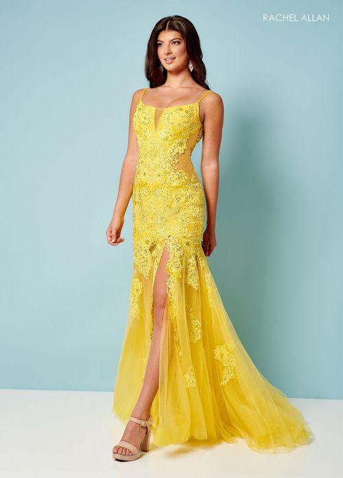 LACE & TULLE APPLIQUE TRUMPET DRESS V-BACK WITH HIGH SLIT + SWEEPING TRAIN BY RACHEL ALLAN 70275