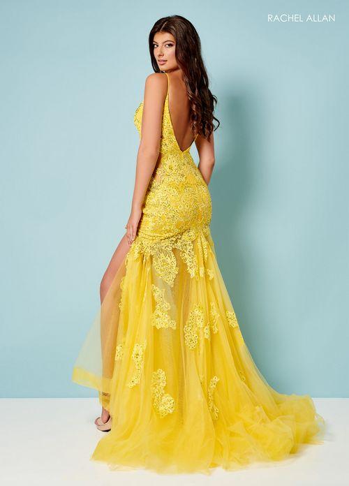 LACE & TULLE APPLIQUE TRUMPET DRESS V-BACK WITH HIGH SLIT + SWEEPING TRAIN BY RACHEL ALLAN 70275