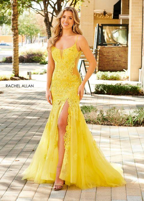 LACE & TULLE APPLIQUE TRUMPET DRESS V-BACK WITH HIGH SLIT + SWEEPING TRAIN BY RACHEL ALLAN 70275