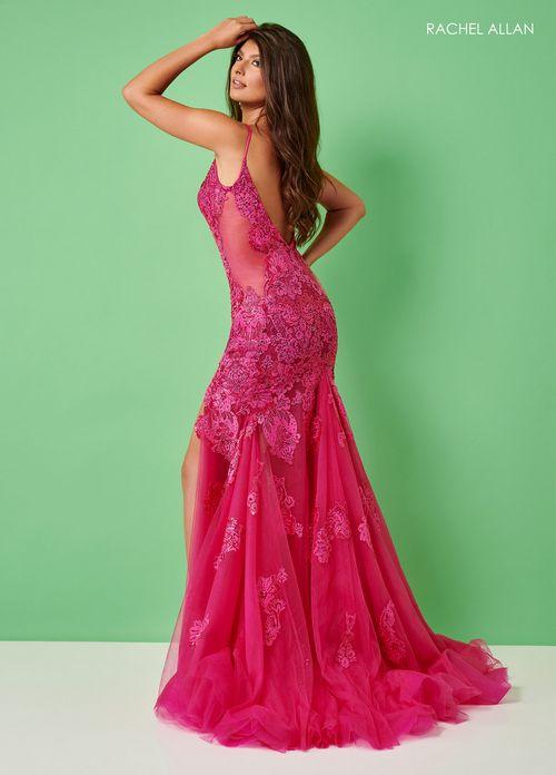 LACE & TULLE APPLIQUE TRUMPET DRESS V-BACK WITH HIGH SLIT + SWEEPING TRAIN BY RACHEL ALLAN 70275