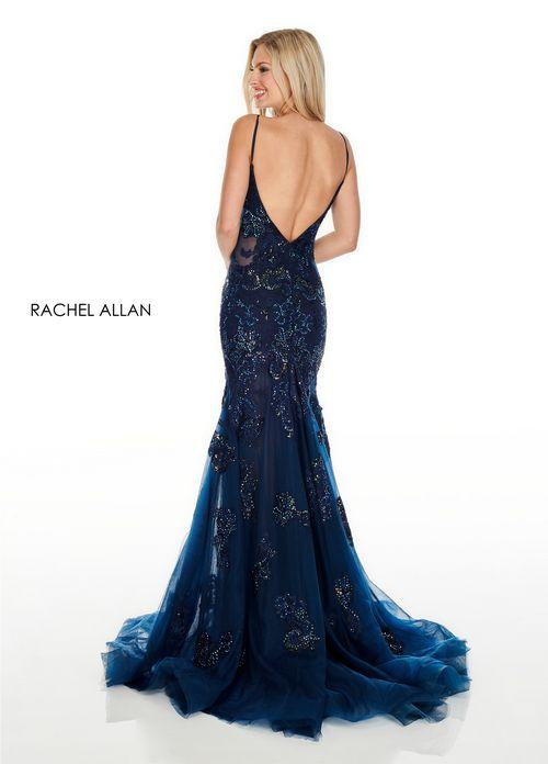 LACE & TULLE APPLIQUE TRUMPET DRESS V-BACK WITH HIGH SLIT + SWEEPING TRAIN BY RACHEL ALLAN 70275