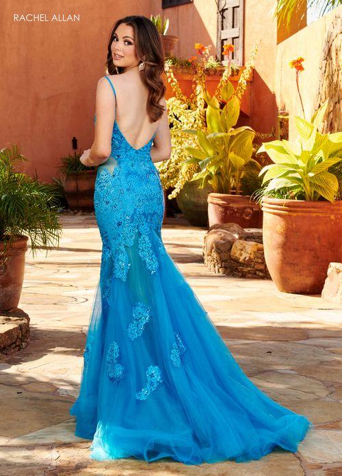 LACE & TULLE APPLIQUE TRUMPET DRESS V-BACK WITH HIGH SLIT + SWEEPING TRAIN BY RACHEL ALLAN 70275