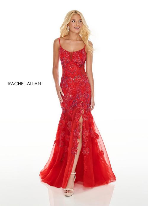 LACE & TULLE APPLIQUE TRUMPET DRESS V-BACK WITH HIGH SLIT + SWEEPING TRAIN BY RACHEL ALLAN 70275