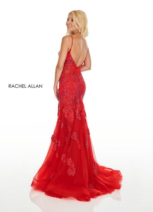 LACE & TULLE APPLIQUE TRUMPET DRESS V-BACK WITH HIGH SLIT + SWEEPING TRAIN BY RACHEL ALLAN 70275