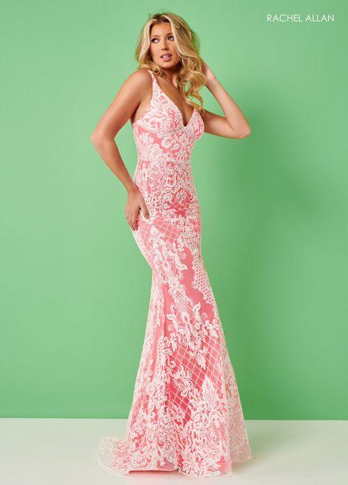 FIT & FLARE GLITTER DAMASK WHITE OVER PASTEL V-NECK BY RACHEL ALLAN 70277