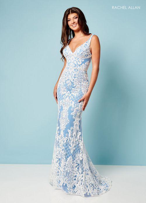 FIT & FLARE GLITTER DAMASK WHITE OVER PASTEL V-NECK BY RACHEL ALLAN 70277