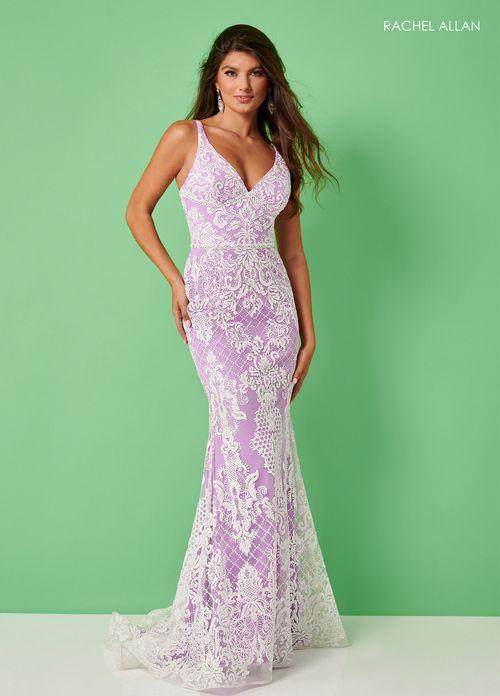 FIT & FLARE GLITTER DAMASK WHITE OVER PASTEL V-NECK BY RACHEL ALLAN 70277