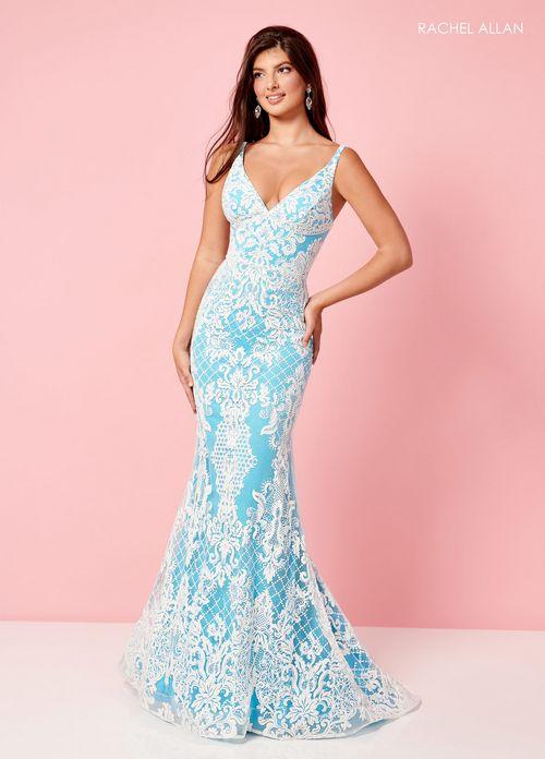 FIT & FLARE GLITTER DAMASK WHITE OVER PASTEL V-NECK BY RACHEL ALLAN 70277