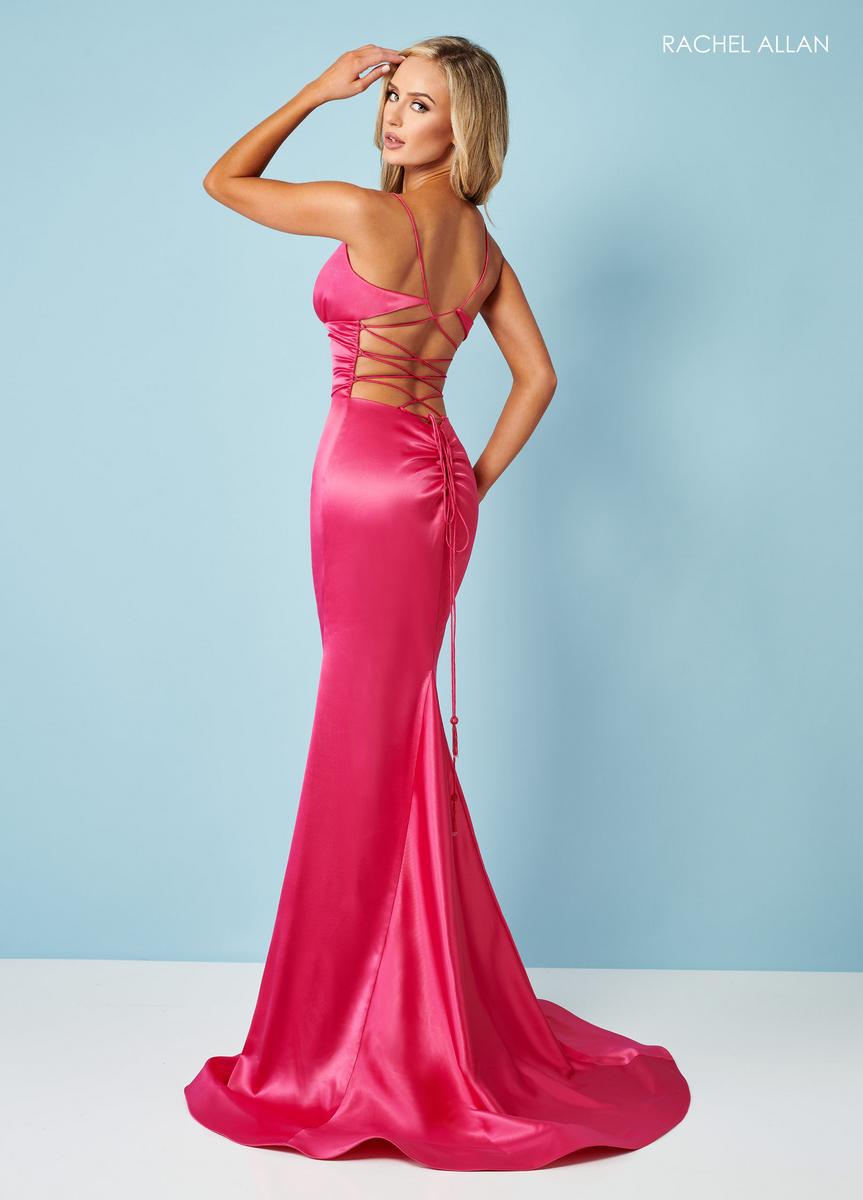 STRETCH SATIN FIT & FLARE V-NECK LACE-UP BACK WITH DECORATIVE TASSELS SWEEP TRAIN BY RACHEL ALLAN 70313