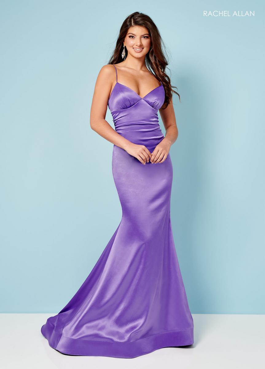STRETCH SATIN FIT & FLARE V-NECK LACE-UP BACK WITH DECORATIVE TASSELS SWEEP TRAIN BY RACHEL ALLAN 70313
