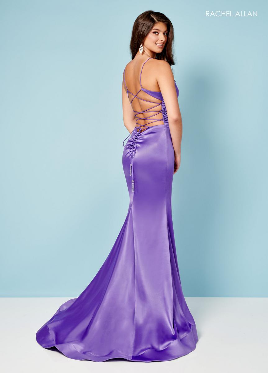STRETCH SATIN FIT & FLARE V-NECK LACE-UP BACK WITH DECORATIVE TASSELS SWEEP TRAIN BY RACHEL ALLAN 70313