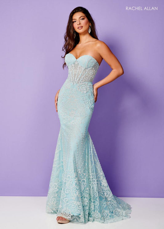 GLITTER TULLE APPLIQUE FITTED GOWN WITH INTRICATE PATTERN PASTEL COLORS BY RACHEL ALLAN 70319
