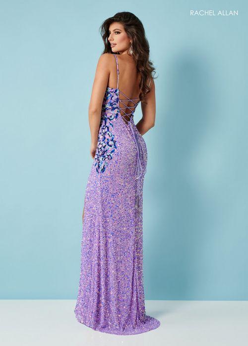 ALLOVER SEQUIN BEADED TULLE GOWN WITH V-NECKLINE BEADED STRAPS LACE-UP BACK + SLIT BY RACHEL ALLAN 70325