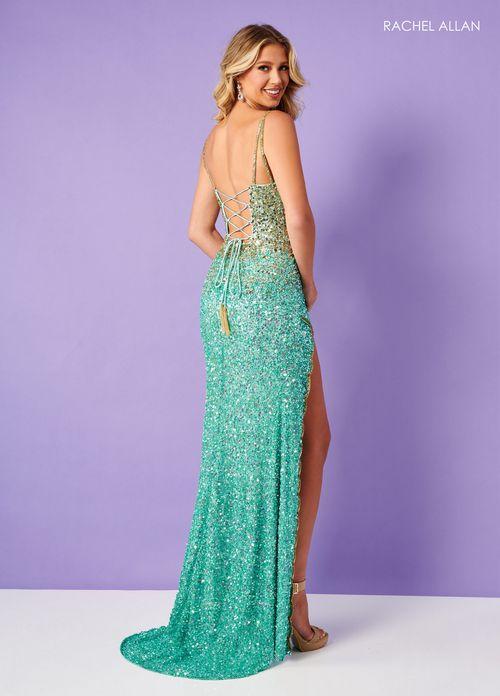 ALLOVER BEADED TULLE FITTED PROM GOWN HIGH SLIT WITH SCALLOPED EDGE LACE TIE BACK BY RACHEL ALLAN 70355