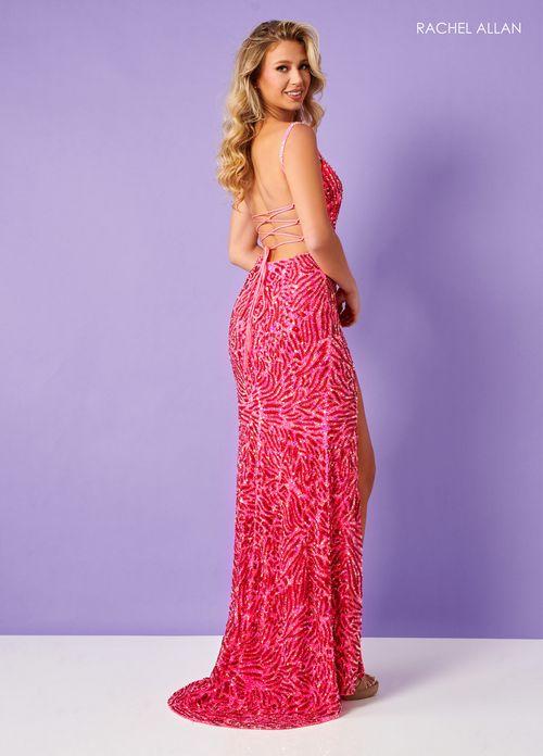 ALLOVER BEADED TULLE COLOR CONTRAST SCOOP NECK HIGH SLIT BEADED STRAPS + LACE-UP BACK BY RACHEL ALLAN 70370