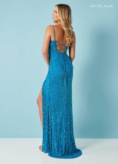ALLOVER BEADED STRETCH TULLE FLATTERING DESIGN V-NECK OPEN LACE-UP BACK HIGH SLIT BY RACHEL ALLAN 70381