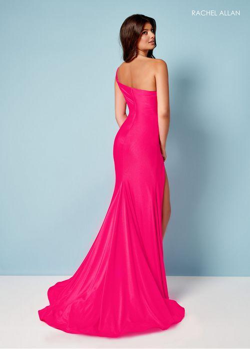 LUXE LYCRA STRETCH JERSEY ONE SHOULDER MESH ILLUSION WITH BEADING SIDE SLIT SWEEPING TRAIN BY RACHEL ALLAN 70391