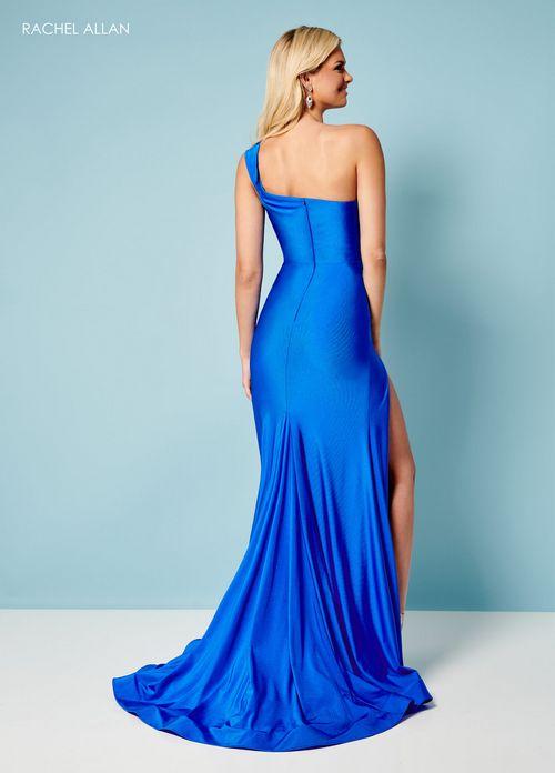 LUXE LYCRA STRETCH JERSEY ONE SHOULDER MESH ILLUSION WITH BEADING SIDE SLIT SWEEPING TRAIN BY RACHEL ALLAN 70391