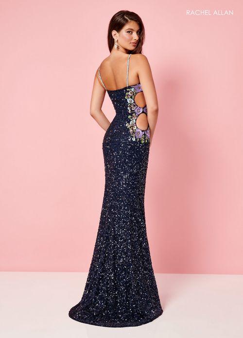 STRETCH TULLE ALLOVER SEQUIN WITH FLORAL CUTOUT DETAIL SCOOP NECK SPAGHETTI STRAP HIGH SLIT BY RACHEL ALLAN 70395
