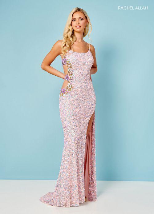 STRETCH TULLE ALLOVER SEQUIN WITH FLORAL CUTOUT DETAIL SCOOP NECK SPAGHETTI STRAP HIGH SLIT BY RACHEL ALLAN 70395