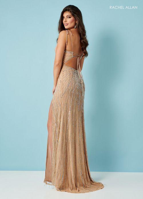 GLAM STRETCH TULLE FITTED GOWN WITH BEADED DETAILS + FRINGE V-NECT TIE BOW SPAGHETTI STRAPS LACE-UP BACK BY RACHEL ALLAN 70409