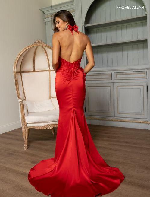 FITTED HALTER CORSET GOWN + HIGH SLIT + BOW DETAILS BY RACHEL ALLAN 70786