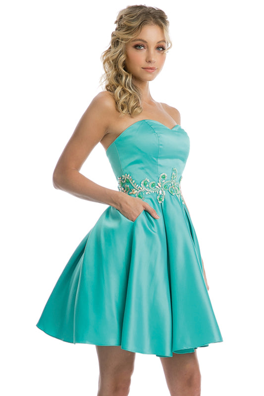 SATIN SWEETHEART STRAPLESS A-LINE WITH POCKETS LACE-UP BACK FITTED FORMAL SHORT DRESS JULIET 769