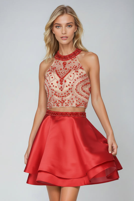 BEJEWELED ILLUSION MESH BODICE SATIN LAYERED SKIRT 2 PIECE SHORT FORMAL DRESS JULIET 777