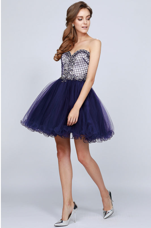 STRAPLESS SWEETHEART CORSET LACE-UP BACK A-LINE TULLE SKIRT INTRICATE BEADWORK SHORT FORMAL DRESS JULIET 778