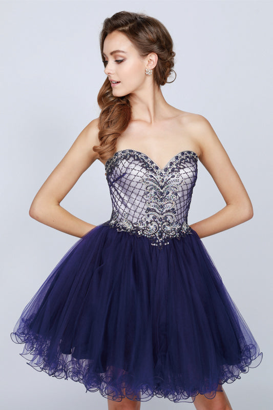 STRAPLESS SWEETHEART CORSET LACE-UP BACK A-LINE TULLE SKIRT INTRICATE BEADWORK SHORT FORMAL DRESS JULIET 778