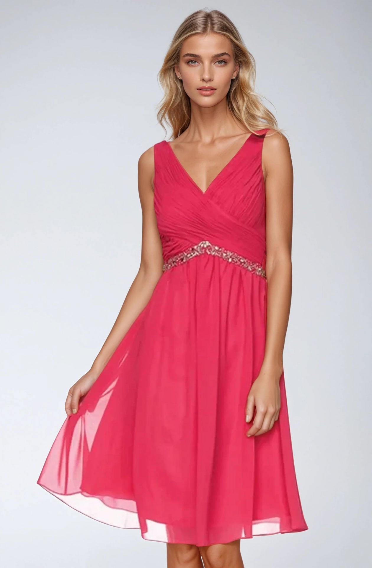 CHIFFON SURPLICE V-NECK FLOWY A-LINE SHORT FORMAL DRESS