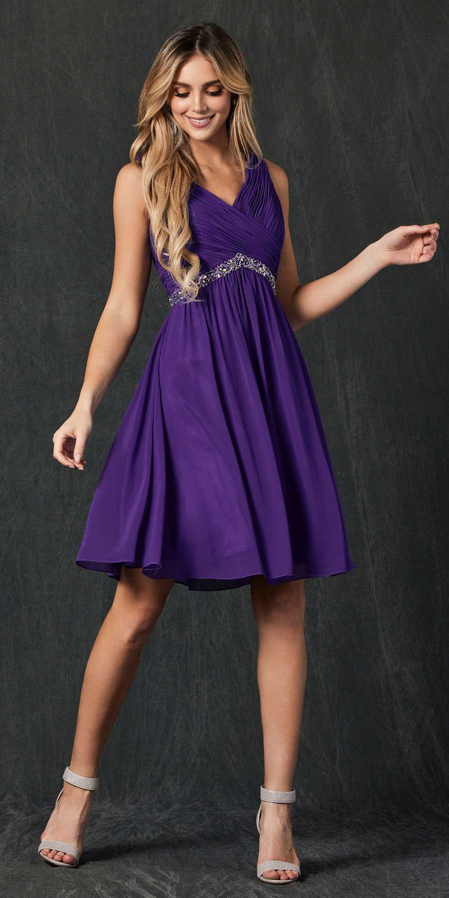 CHIFFON SURPLICE V-NECK FLOWY A-LINE SHORT FORMAL DRESS