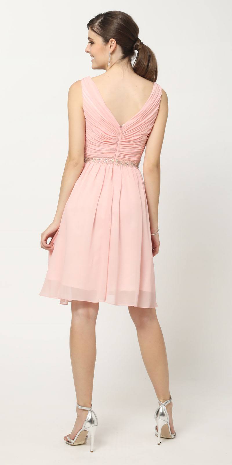 CHIFFON SURPLICE V-NECK FLOWY A-LINE SHORT FORMAL DRESS