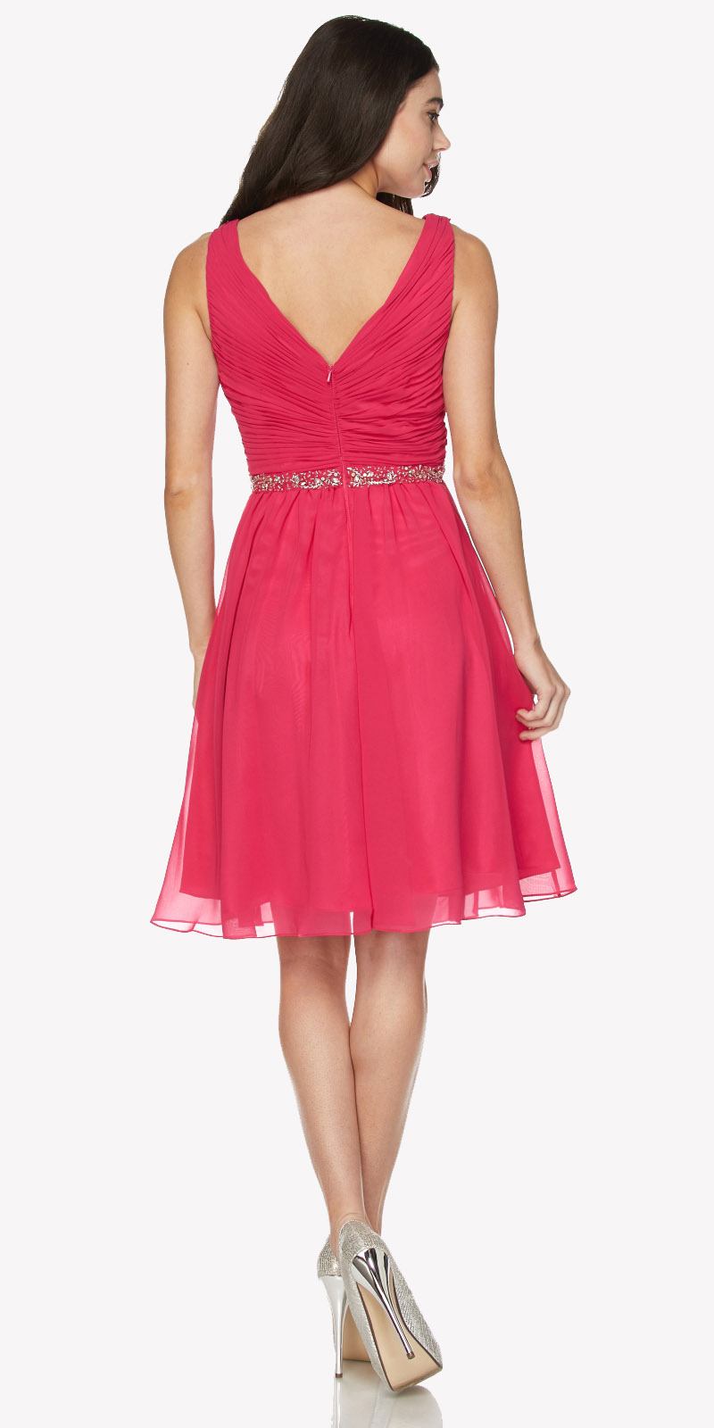 CHIFFON SURPLICE V-NECK FLOWY A-LINE SHORT FORMAL DRESS