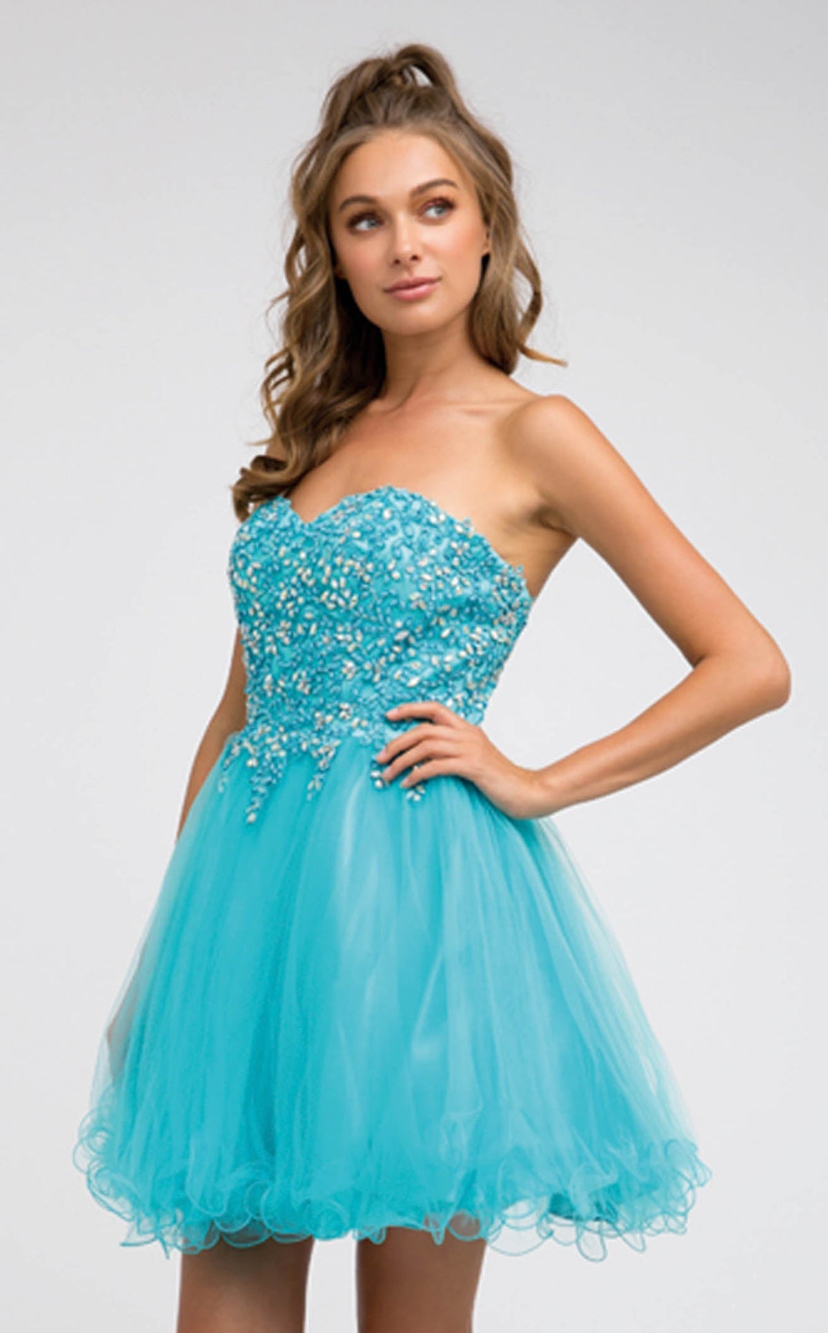 INTRICATELY BEADED STRAPLESS SWEETHEART BODICE A-LINE TULLE SKIRT LACE-UP CORSET BACK SHORT FORMAL DRESS