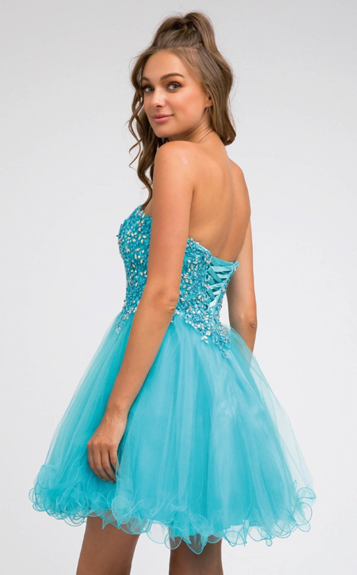 INTRICATELY BEADED STRAPLESS SWEETHEART BODICE A-LINE TULLE SKIRT LACE-UP CORSET BACK SHORT FORMAL DRESS
