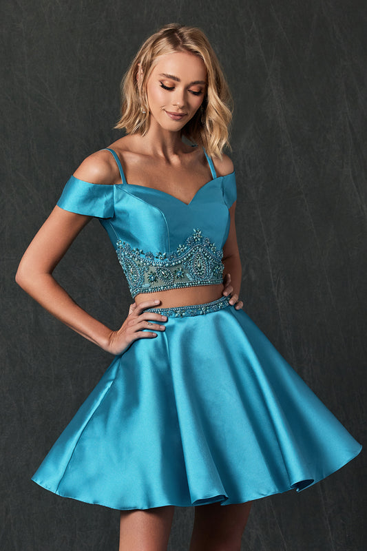 PRETTY SATIN SWEETHEART OFF THE SHOULDER A-LINE WITH POCKETS 2-PIECE COCKTAIL SHORT FORMAL DRESS