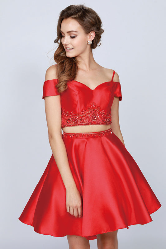 PRETTY SATIN SWEETHEART OFF THE SHOULDER A-LINE WITH POCKETS 2-PIECE COCKTAIL SHORT FORMAL DRESS