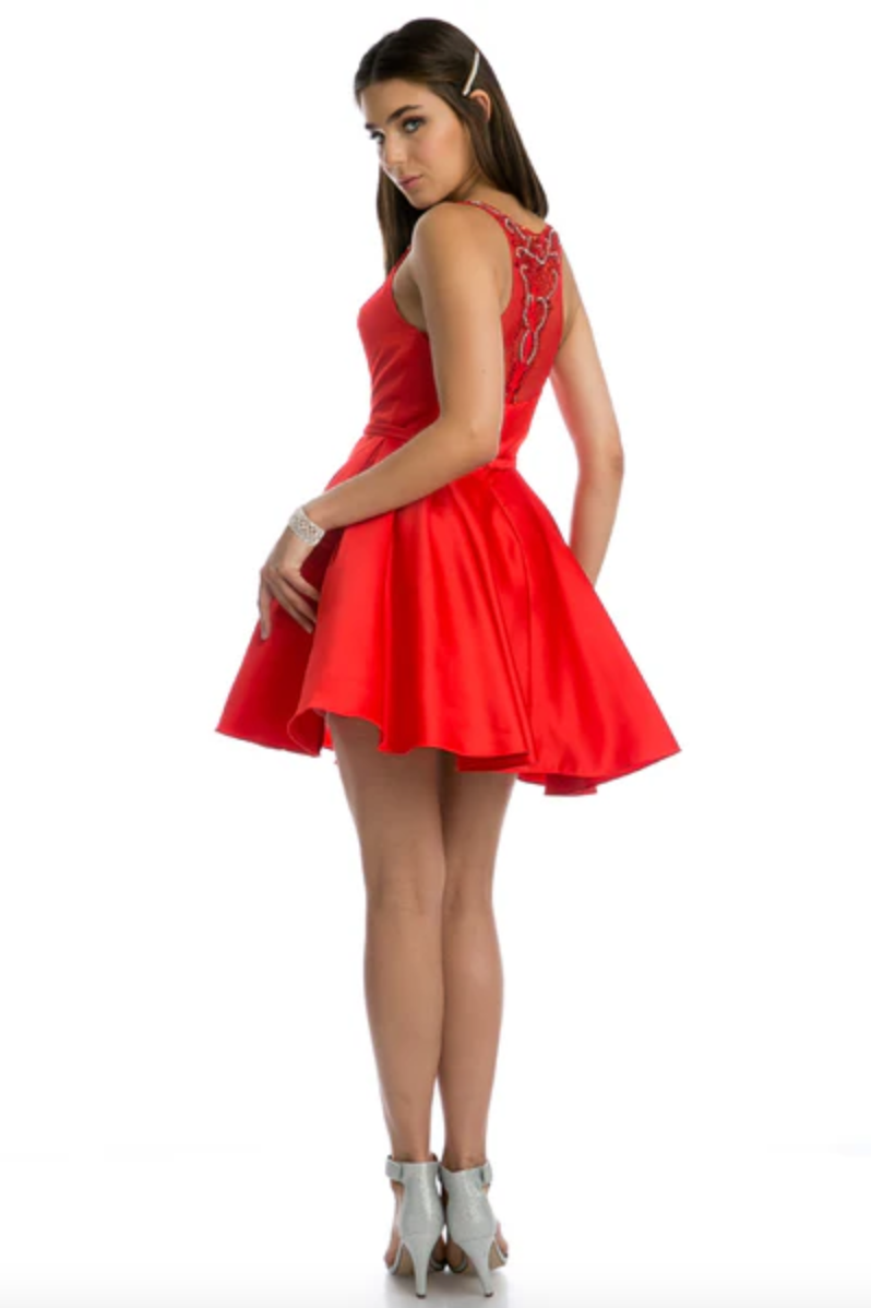 SATIN A-LINE MINI SHORT FORMAL DRESS WITH BEADING & MESH DETAILS ON BODICE & BACK