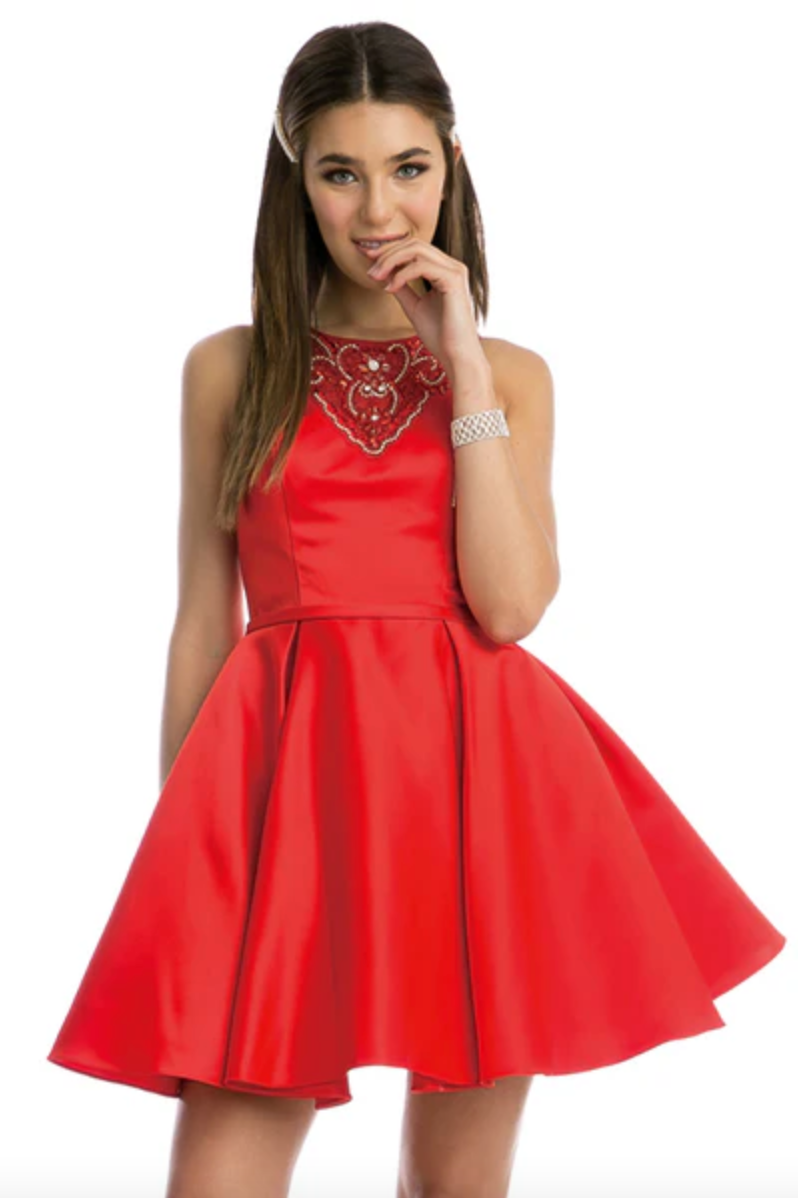 SATIN A-LINE MINI SHORT FORMAL DRESS WITH BEADING & MESH DETAILS ON BODICE & BACK