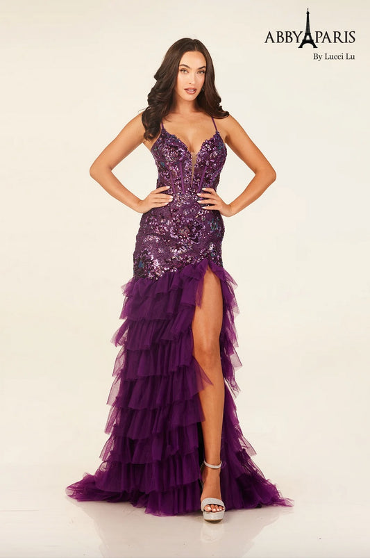 SEQUIN & SOFT TULLE MERMAID RUFFLE GOWN WITH LACE-UP BACK + SIDE SLIT ABBY PARIS BY LUCCI LU 90330