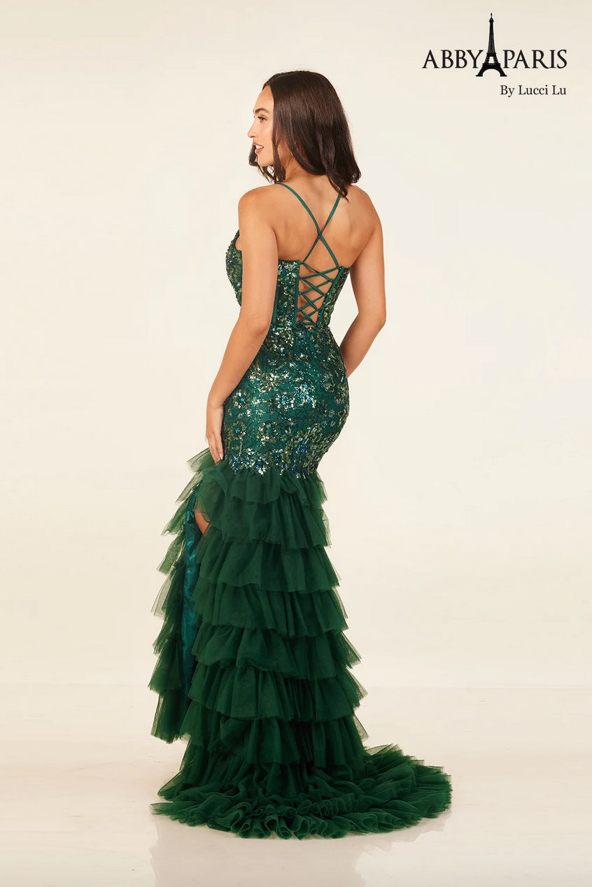 SEQUIN & SOFT TULLE MERMAID RUFFLE GOWN WITH LACE-UP BACK + SIDE SLIT ABBY PARIS BY LUCCI LU 90330