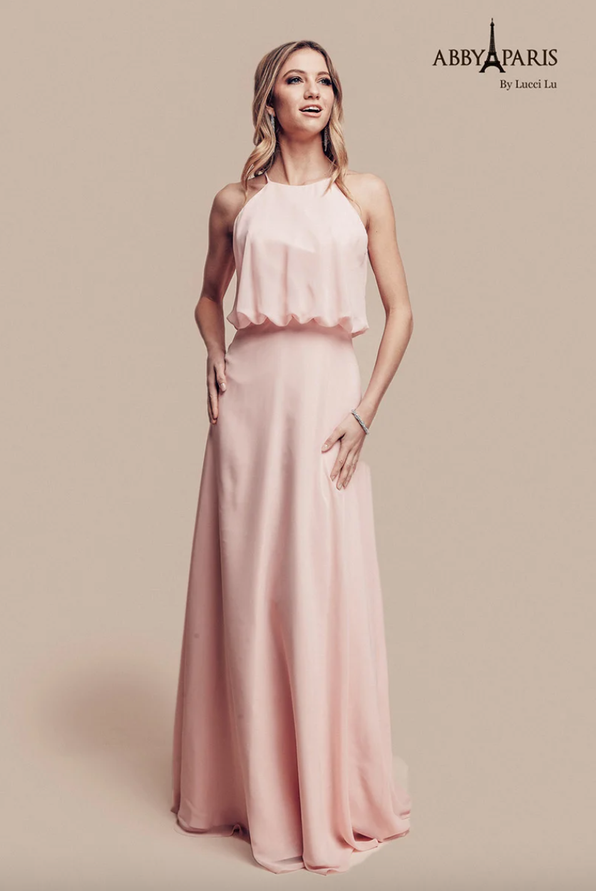 ELEGANT CHIFFON FLOWY A-LINE GOWN HIGH NECKLINE FLOOR LENGTH FORMAL DRESS ABBY PARIS BY LUCCI LU 93064