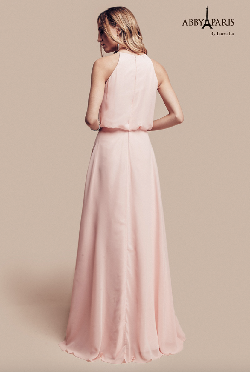 ELEGANT CHIFFON FLOWY A-LINE GOWN HIGH NECKLINE FLOOR LENGTH FORMAL DRESS ABBY PARIS BY LUCCI LU 93064
