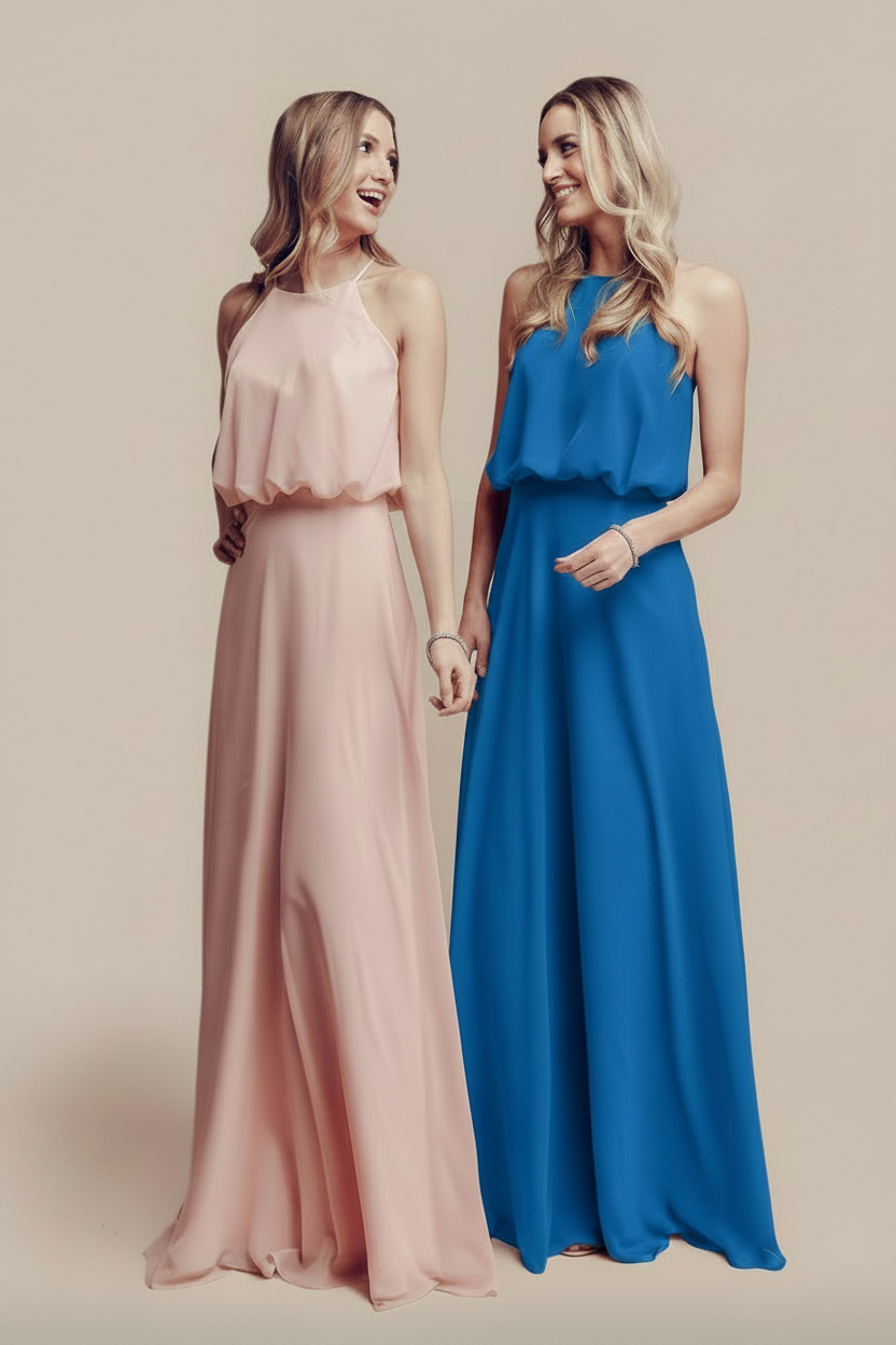 ELEGANT CHIFFON FLOWY A-LINE GOWN HIGH NECKLINE FLOOR LENGTH FORMAL DRESS ABBY PARIS BY LUCCI LU 93064