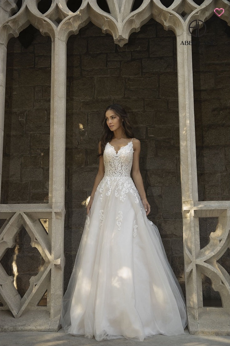 ROMANTIC V-NECK LACE APPLIQUE A-LINE TULLE WEDDING GOWN BY ABBY LANE 97103